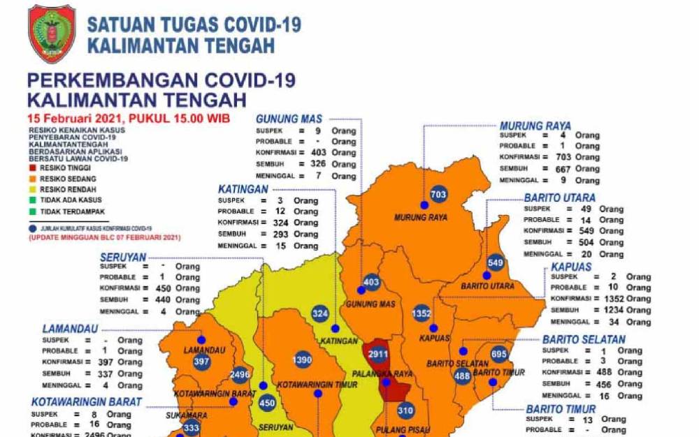 Data perkembangan kasus covid-19 di Kalimantan Tengah, Senin, 15 Februari 2021.