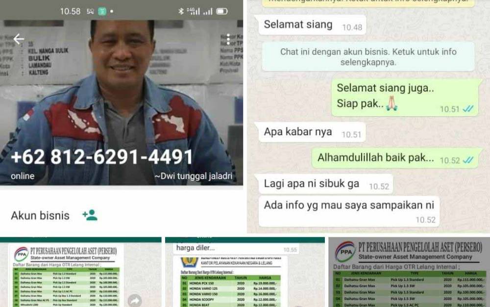 Tangkapan layar percakapan pelaku penipuan saat menjalankan aksinya dengan mencatut nama Kapolresta Palangka Raya.