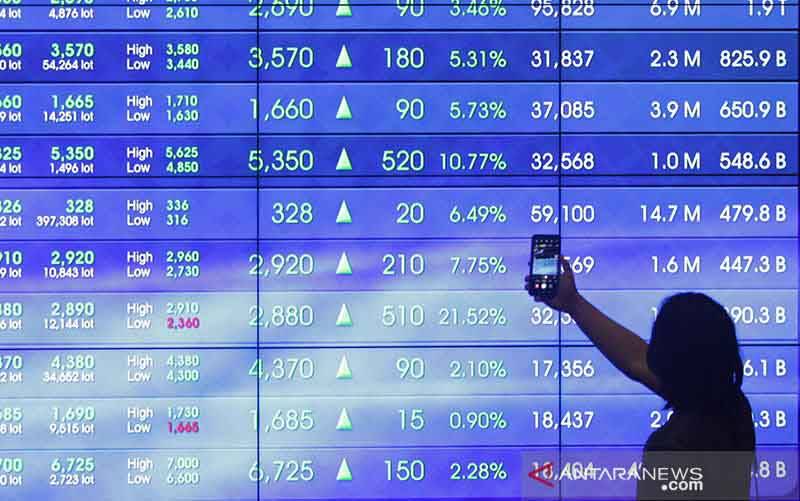 Seorang calon investor merekam dengan telepon seleluarnya data pada layar Indeks Harga Saham Gabungan (IHSG), di Bursa Efek Indonesia, Jakarta, Jumat (8/1/2021). (foto : ANTARA FOTO/ Reno Esnir/foc/aa)