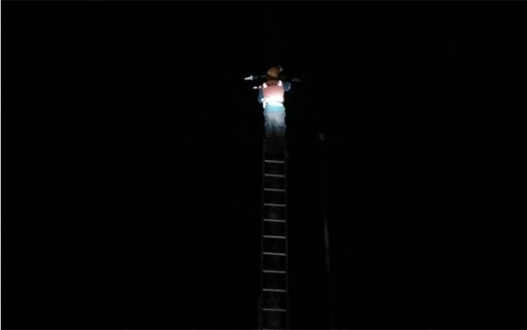 Petugas PT PLN memperbaiki aliran listrik, Senin, 29 Maret 2021.