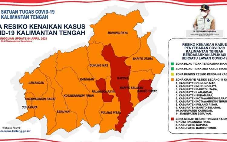 Data zonasi wilayah Kalimantan Tengah update minggu pertama April dengan 4 wilayah masuk zona merah