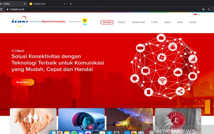 Tangkapan layar laman PT Indonesia Comnets Plus (Icon+) entitas anak PT Perusahaan Listrik Negara (PLN) yang menyediakan jasa layanan internet cepat berbasis serat optik