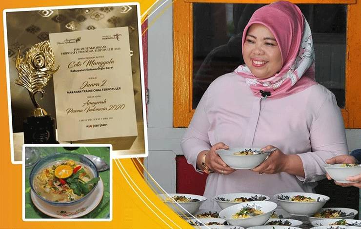 Bupati Kobar Nurhidayah menunjukkan Coto Manggala yang mendapat peringkat ke dua?makanan tradisional terpopuler dalam Anugerah Pesona Indonesia (API).