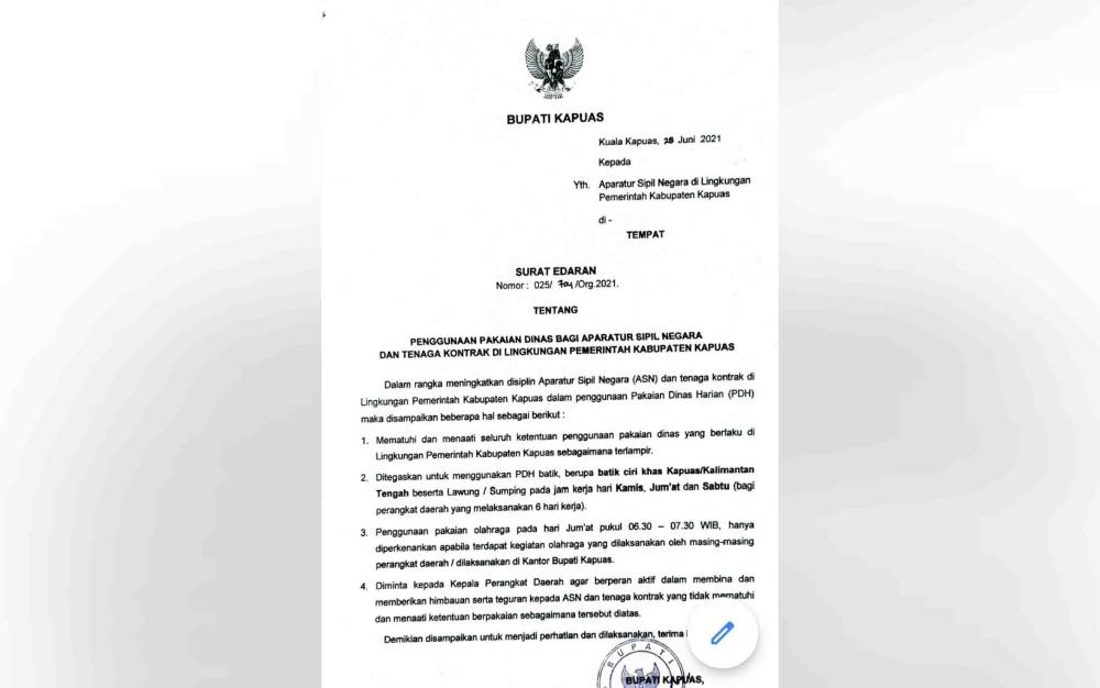 Tingkatkan Disiplin Pegawai, Pemkab Kapuas Keluarkan Edaran Penggunaan Pakaian Dinas