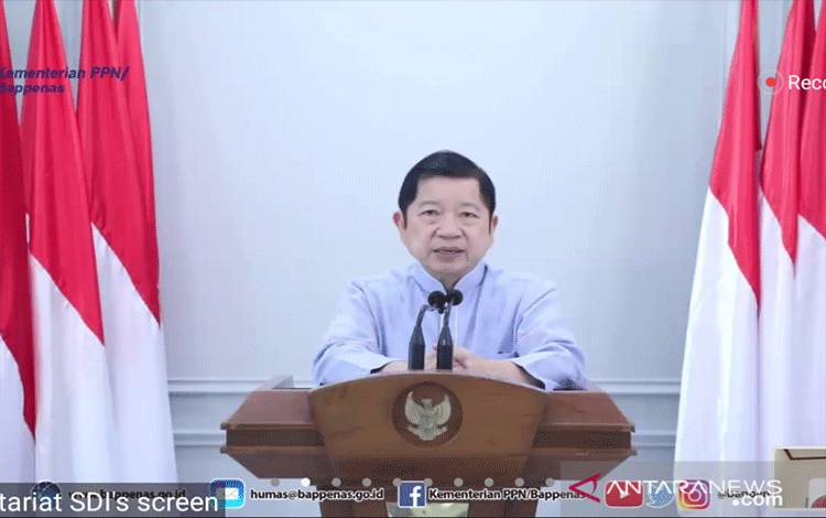 Tangkapan layar Menteri PPN/Kepala Bappenas Suharso Monoarfa ketika memberikan sambutan dalam sosialisasi Satu Data Indonesia (SDI) secara virtual di Jakarta, Senin (3/8/2020). (ANTARA/Dewa Wiguna)