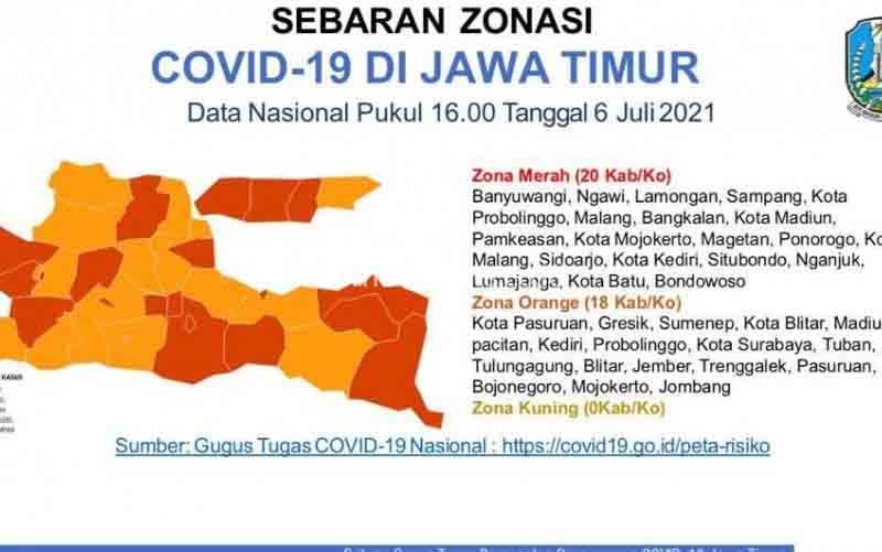 angkapan layar data sebaran zonasi kasus penularan COVID-19 di Jatim dari Satuan Tugas Penanganan COVID-19 Provinsi Jawa Timur, Selasa (6/7/2021). (foto : ANTARA/Fiqih Arfani)