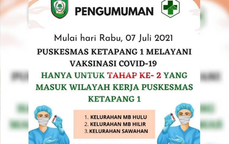 Puskesmas Ketapang 1 Hanya Layani Vaksinasi Tahap 2