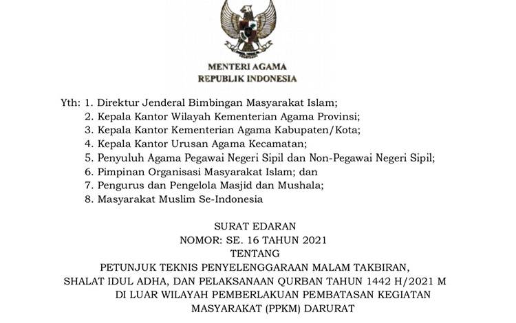 Salat Idul Adha 1442 Hijriah di Kabupaten/Kota Zona Orange dan Merah Ditiadakan