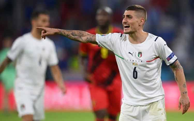 Gelandang timnas Italia Marco Verratti saat dalam pertandingan perempat final UEFA EURO 2020 melawan Belgia di Allianz Arena di Muenchen pada 2 Juli 2021. (AFP/MATTHIAS HANGST)