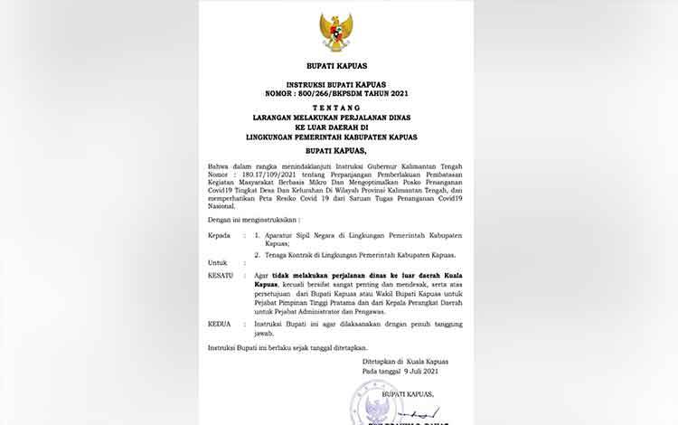 ASN di Lingkungan Pemkab Kapuas Dilarang Lakukan Perjalanan Dinas ke Luar Daerah