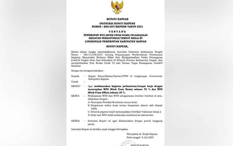 Kegiatan Perkantoran di Lingkungan Pemkab Kapuas Terapkan WFH 75 Persen