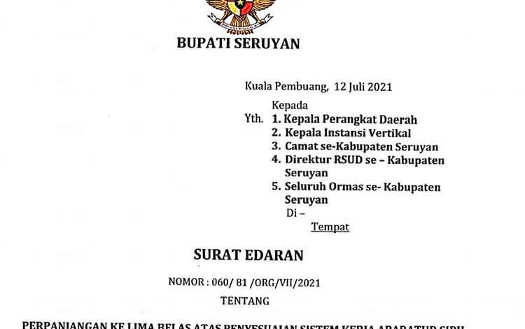Pemkab Seruyan Perpanjang Kebijakan ASN Bekerja dari Rumah