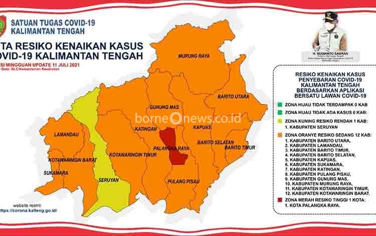 Perkembangan terkini peta resiko kenaikan kasus Covid-19 Kalimantan Tengah Tanggal 11 Juli 2021.