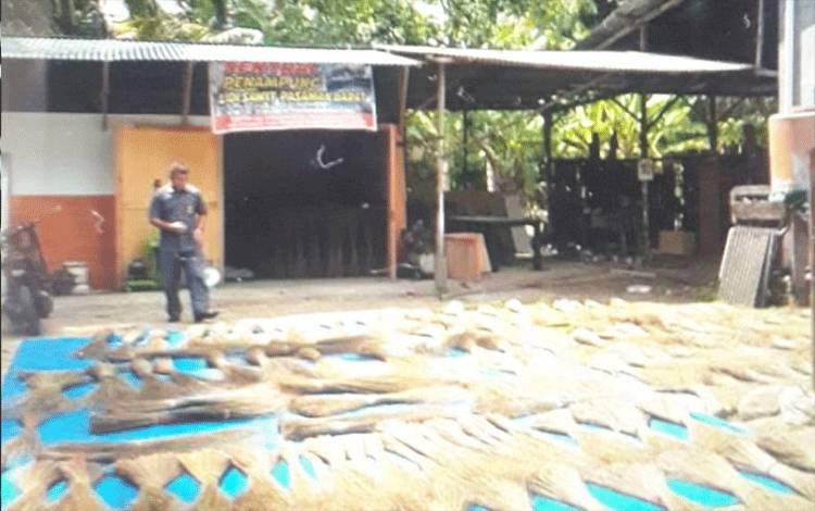 Seorang warga Pasaman Barat melihat proses penjemuran lidi kelapa sawit di gudang pengumpul lidi di Simpang Empat. ANTARA/Atlas Maulana