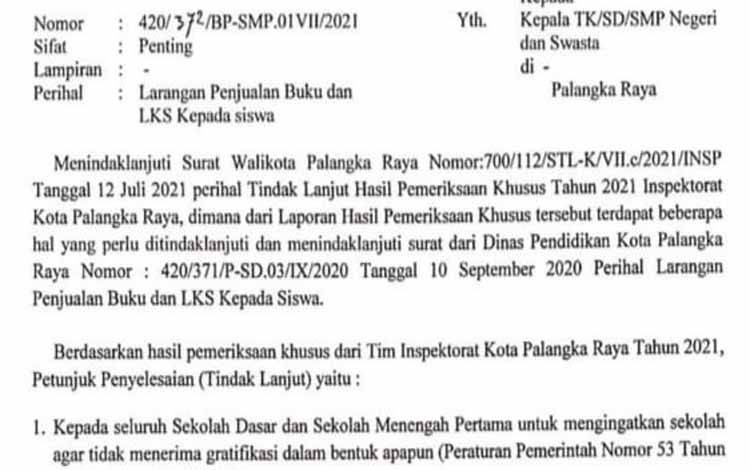 Pemko Palangka Raya Larang Penjualan Buku dan LKS di Sekolah