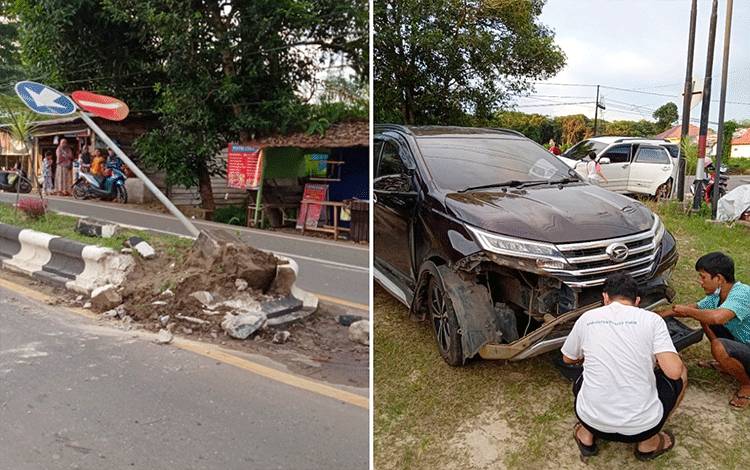 Mobil Anggota DPRD Barito Timur, Cilikman, menabrak pembatas jalan dan terbalik.