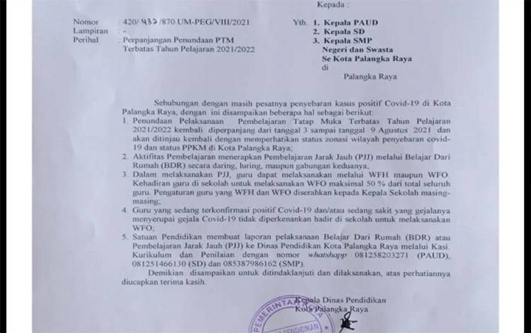 Pembelajaran Tatap Muka di Palangka Raya Ditunda Lagi