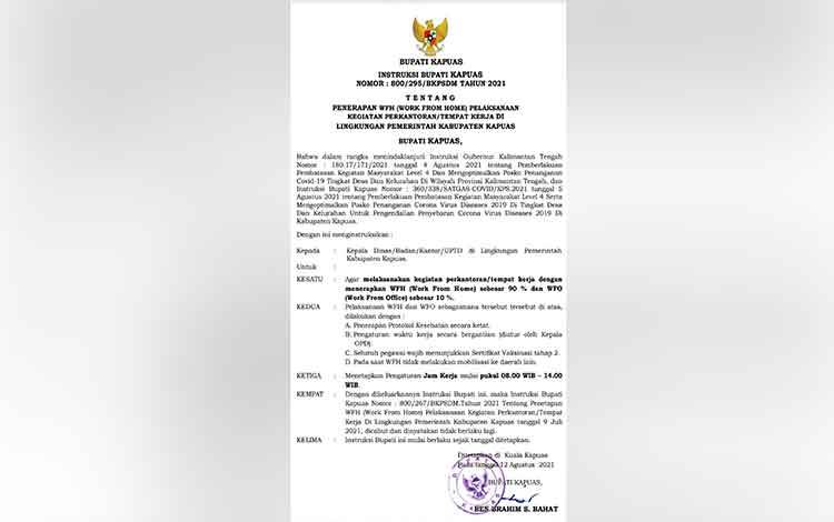 Kegiatan Perkantoran di Lingkup Pemkab Kapuas Terapkan WFH 90 Persen