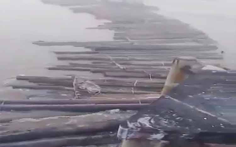 Diduga Assist Boat Tak Kuat, Rakit Kayu Log Hantam Tiang Pengaman Jembatan KH Hasan Basri