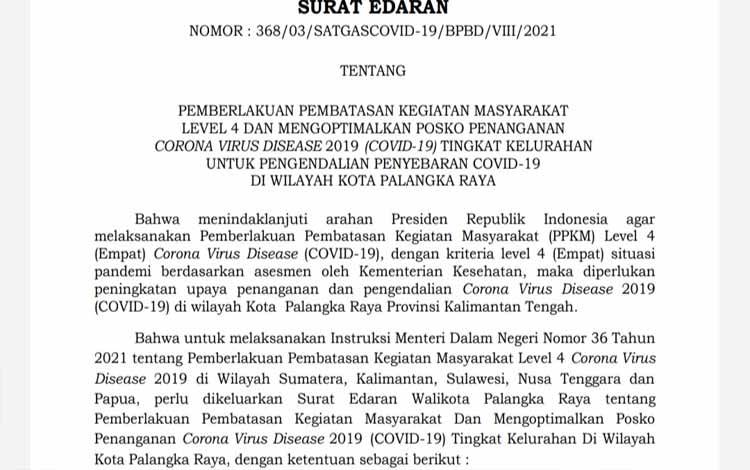 Edaran Wali Kota Palangka Raya tentang perpanjangan PPKM Level 4