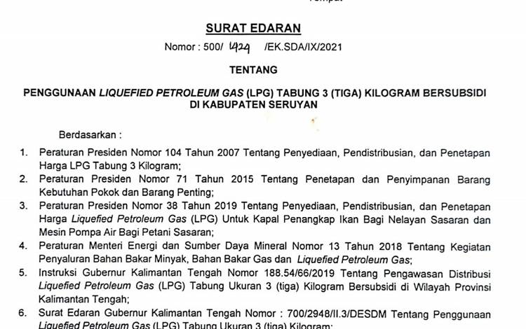 Bupati Seruyan Keluarkan Edaran Penggunaan LPG 3 Kg