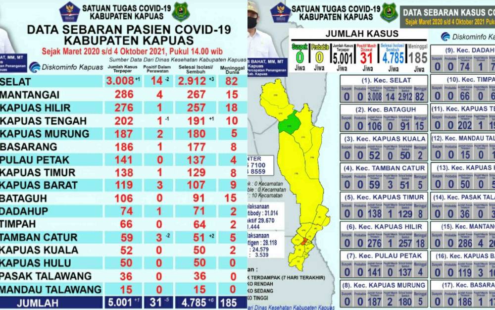 Pasien Sembuh Covid-19 di Kapuas Kini Jumlahnya 4.785 Orang, Ini Sebarannya