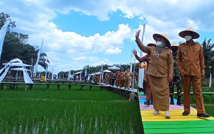 Bupati Kobar Nurhidayah meresmikan objek wisata sawah Tirta Mulya milik Pemdes Pangkalan Dewa. Kecamatan Pangkalan Lada, Kabupaten Kobar, Selasa, 12 Oktober 2021.