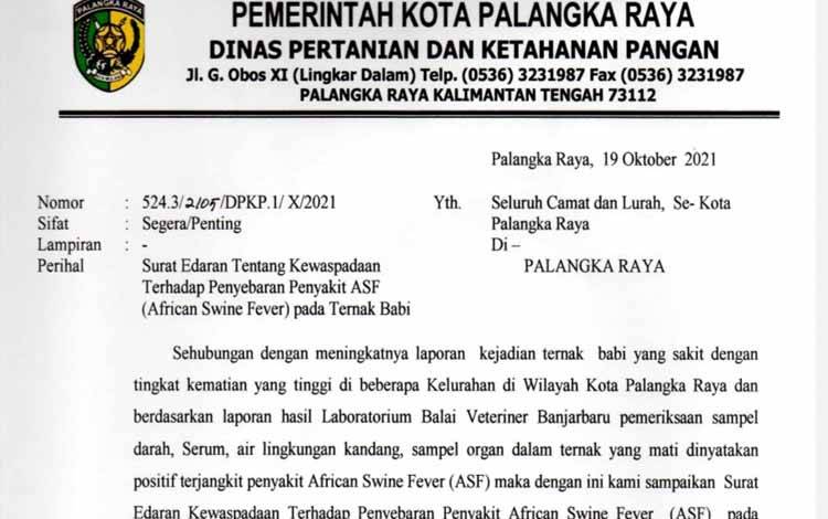 Pemko Palangka Raya Terbitkan Edaran Waspada Demam Babi Afrika