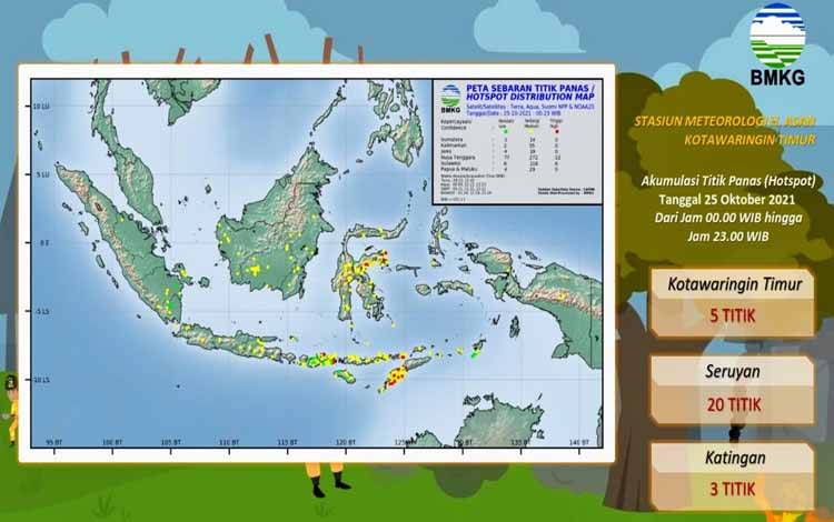 Peta sebaran titik panas di Kotawaringin Timur, Senin 25 Oktober 2021