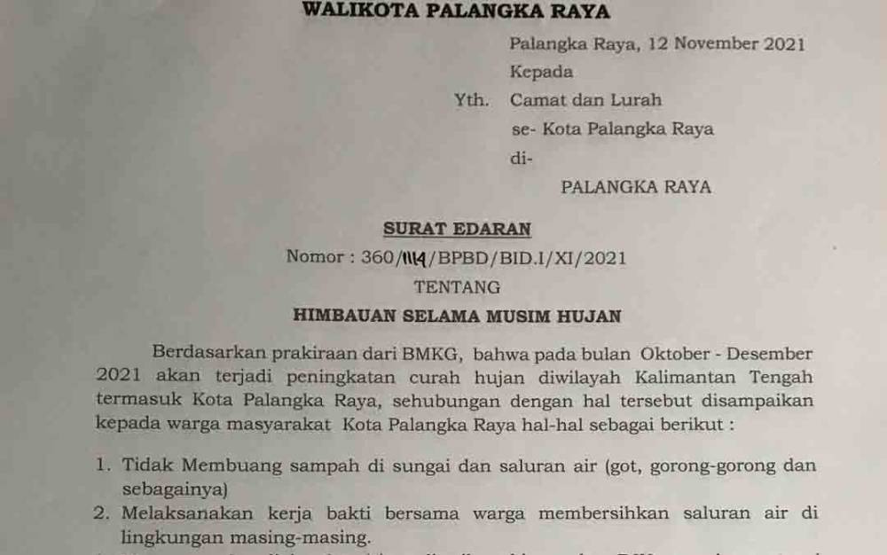 Wali Kota Palangka Raya Minta Warga Lakukan 6 Hal Ini Selama Musim Hujan