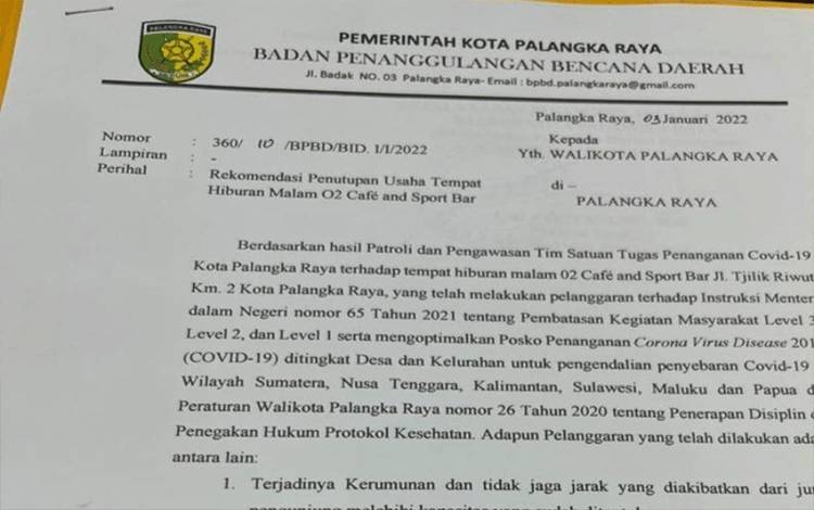 Satgas Covid-19 Kirim Surat Rekomendasi Penutupan 02 Kafe ke Wali Kota Palangka Raya?