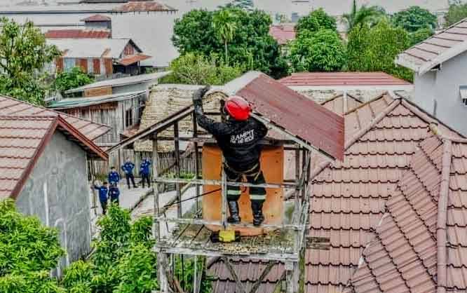 Petugas Disdamkarmat Kotim Musnahkan Sarang Tawon di Tower Penampungan Air Warga