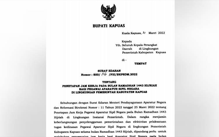 Ini Jam Kerja ASN di Pemkab Kapuas Selama Ramadan