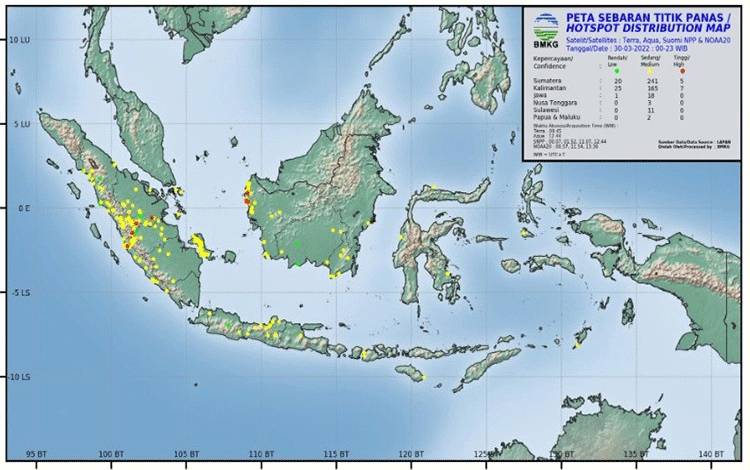 Peta sebaran titik panas di Indonesia.