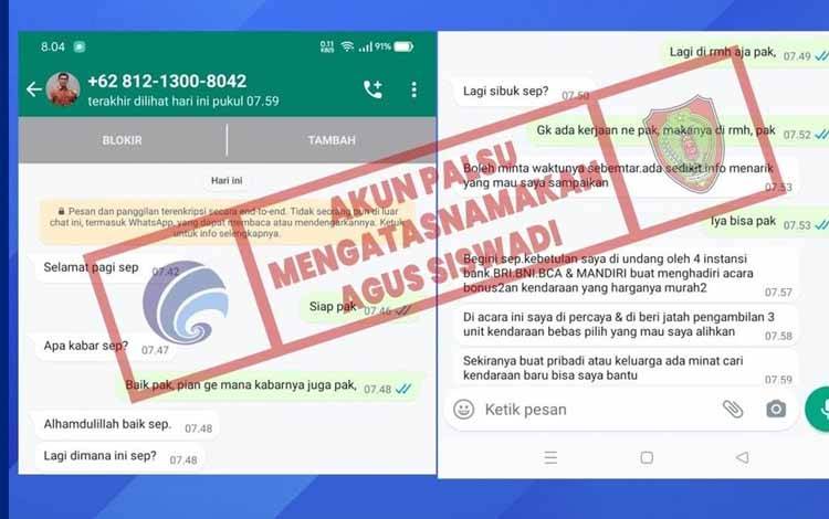 Muncul WhatsApp Palsu Kepala Diskominfosantik Kalteng, Warga Diimbau Hati-hati