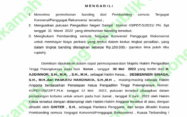 Putusan banding gugatan perdata Budi Mulia dan Budi Santoso melawan Cahyaningtias Windiasari
