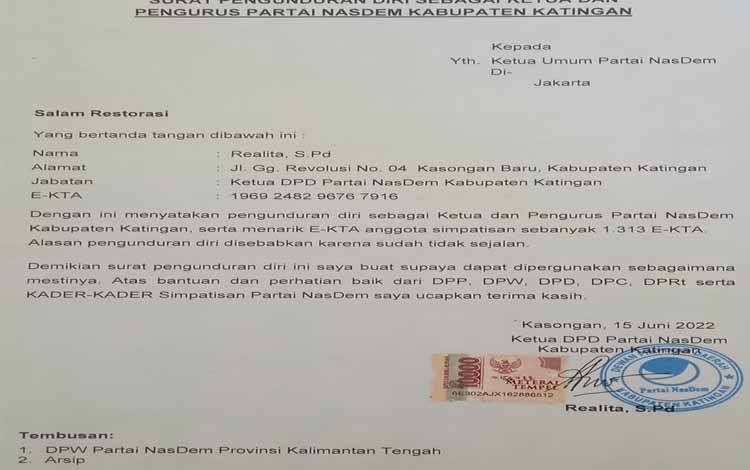 Realita Mundur dari Ketua DPD Nasdem Katingan