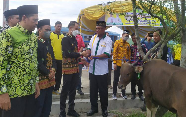 Wali Kota Palangka Raya Fairid Naparin menyerahkan hewan kurban di Masjid Jami Annur, Jumat 8 Juli 2022. (Foto: HENDRI, Borneonews)