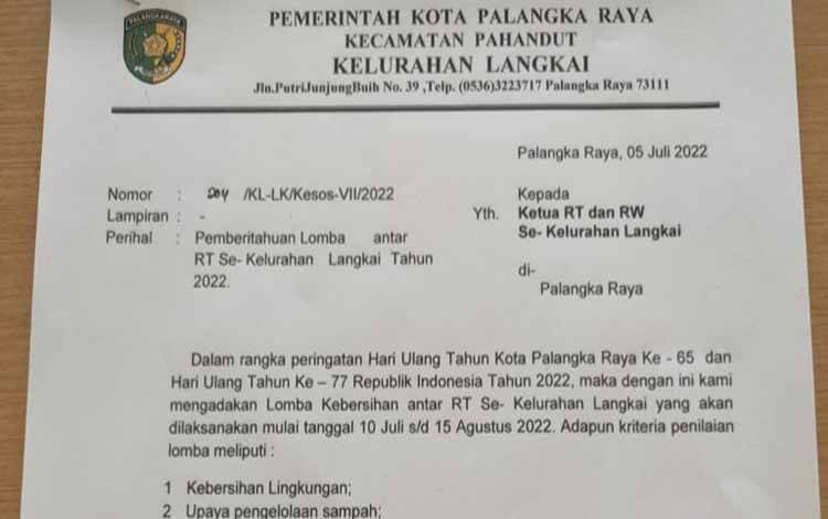 Kelurahan Langkai Adakan Lomba Tingkat RT, Ini Kategorinya