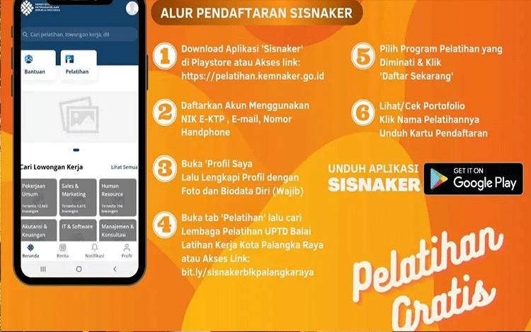 Daftar Pelatihan Kerja di Palangka Raya Bisa Online Lewat Aplikasi SISNAKER