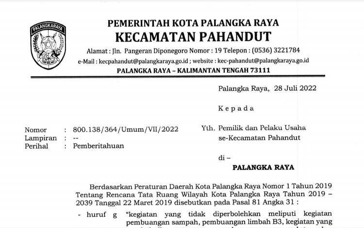 Camat Pahandut Terbitkan Edaran Soal Bangunan di Atas Drainase