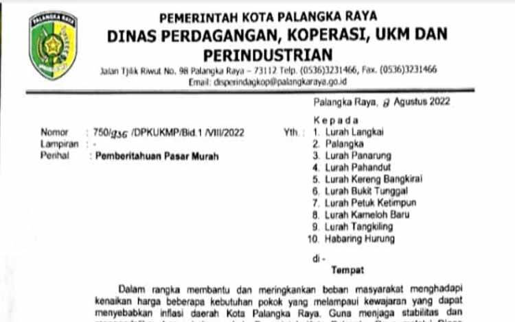 Surat pemberitahuan pasar murah di Palangka Raya. (FOTO: HENDRI)