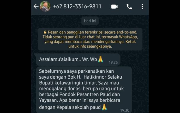 Nama Bupati Kotim Dicatut untuk Galang Donasi Bodong oleh Orang Tak Dikenal Melalui WhatsApp