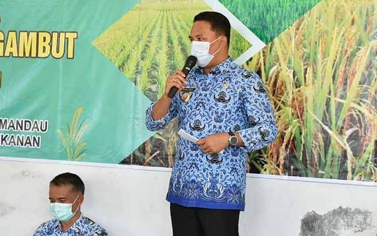 Bupati Lamandau Hendra Lesmana saat memberikan arahan pada acara pembukaan pelatihan pengembangan teknologi budidaya padi sawah di lahan gambut.(FOTO : HENDI NURFALAH)