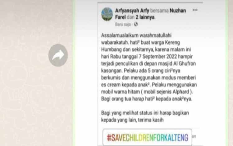 Dugaan Percobaan Penculikan Anak Terjadi di Kereng Humbang Kasongan
