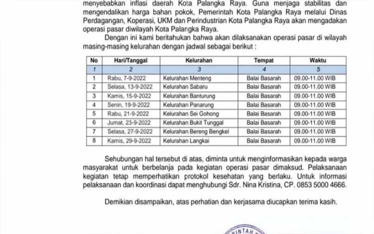 Jadwal operasi pasar di Palangka Raya. (FOTO: DOK DPKUKMP)
