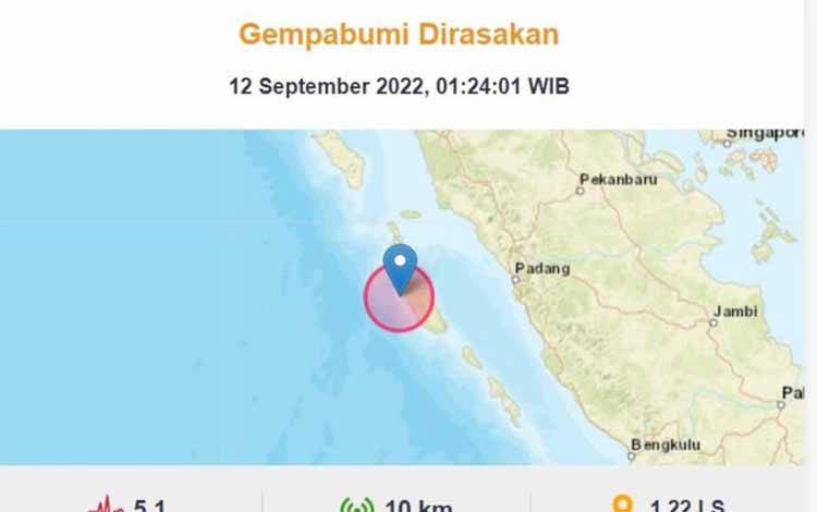 Gempa M 5,1 Terjadi di Kepulauan Mentawai, Sumbar