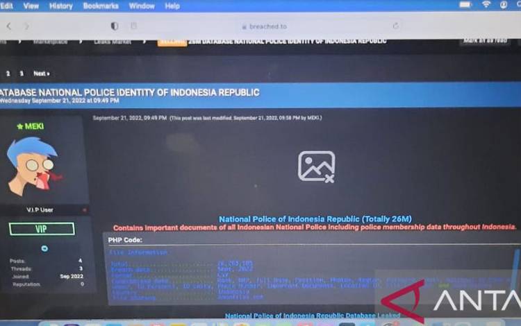 Tangkapan layar Situs Brached Forum yang mengklaim telah membobol data 26 juta dokumen Polri, Jumat (23-9-2022). ANTARA/Laily Rahmawaty