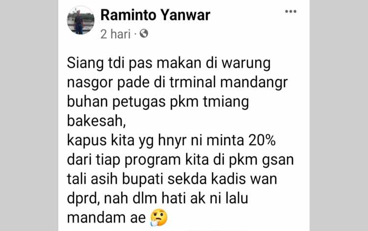 Tuding Kepala Puskesmas Pungli, Pemilik Akun Facebook Ini Tak Kantongi Bukti
