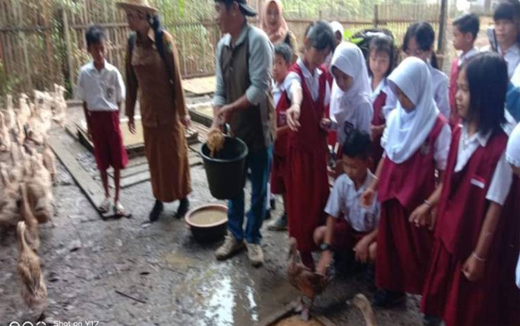 Dinas Pertanian melalui Bidang Peternakan memperkenalkan dan mengedukasi kepada para pelajar SD berbagai kegiatan dalam bidang usaha tani sejak dini kepada kalangan anak-anak milenial salah salah satunya beternak. (foto: Dhani)